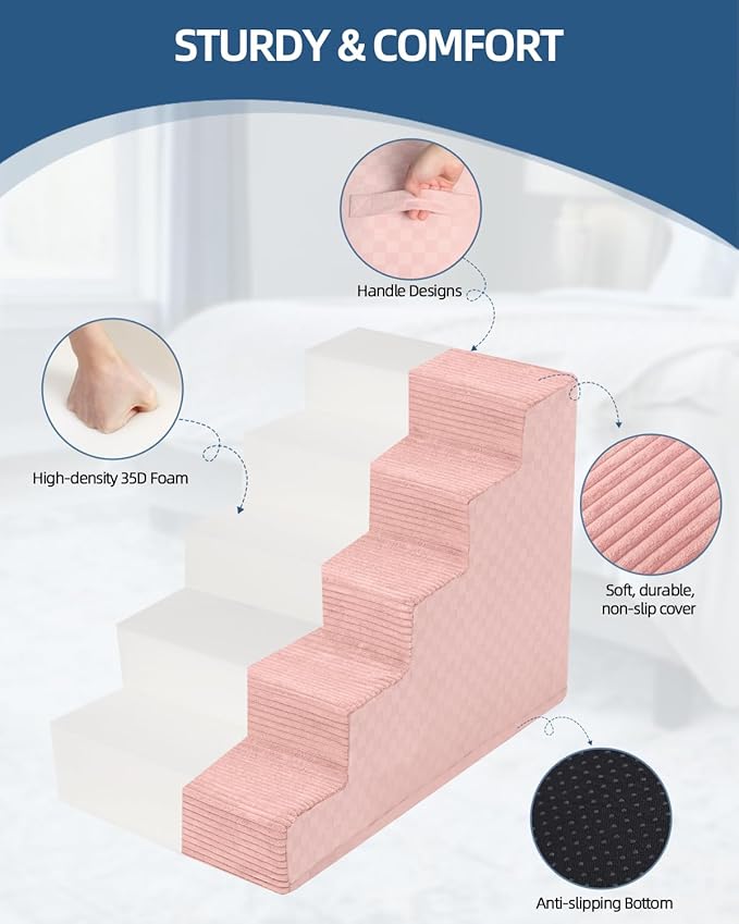 Vfrog Dog Stairs for Small Dogs,17.5" H,4-Step Dog Steps Ramp for Bed and Couch with High Density Foam,Non-Slip Pet Steps for Dogs and Cats,Pet Stairs with a Washable Cover,Pink