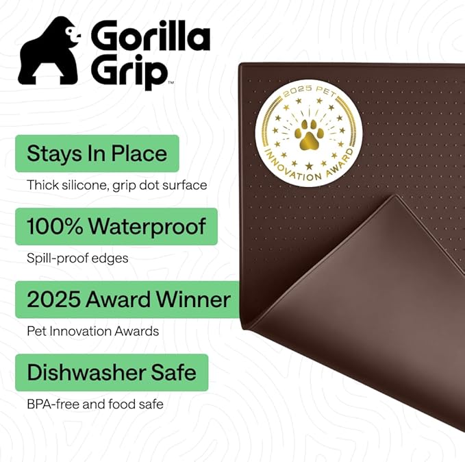 GORILLA GRIP 100% Waterproof Raised Edge BPA Free Silicone Pet Feeding Mat, Dog Cat Food Mats Contain Spills Protects Floors, Placemats for Cats and Dogs Water Bowl, Pets Accessories 23x15 Brown