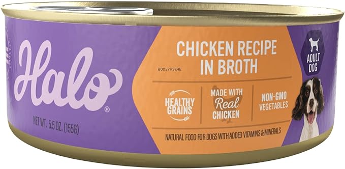 Halo Wet Dog Food Whole Chicken Stew Recipe, Healthy Grains Real Meat Canned Dog Food, Meal or Topper, 5.5 Oz Can (Pack of 12)