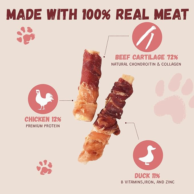 Dog Treats Chicken & Duck Wrapped Beef Cartilages, Long Lasting Dog Bones Rawhide Free & Grain Free, Low Fat Dog Chews for Medium Large Breed Dogs, 10.6 oz