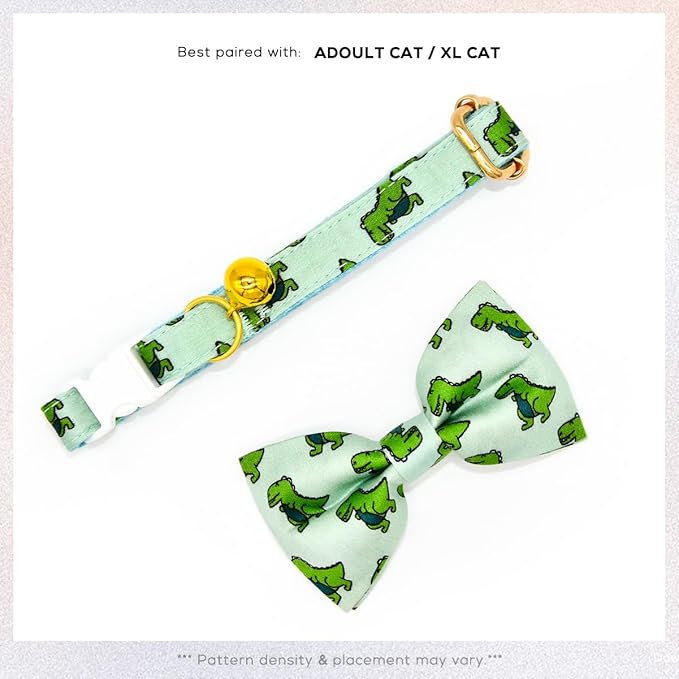 Sage Dinosaur Cat Collar Bow Tie with Bell, Breakaway Safety Cat Collar, Wedding/Birthday Cat Accessories