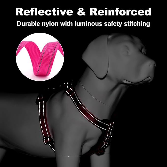 Plutus Pet Adjustable No Pull Dog Harness with Leather Accents, Heavy Duty Reflective Nylon Vest for Training, Hiking, Easy Walk Harness for Small, Medium, Large Dogs (Hot Pink, L)