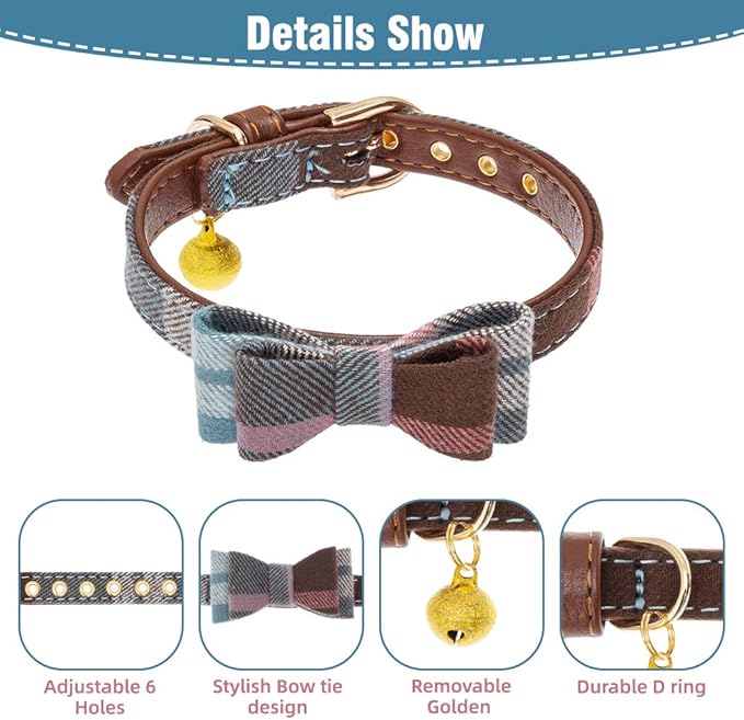 EXPAWLORER Dog Collar and Leash Set - Classic Plaid Bow Tie & Dog Bandana Collar with Bell, Dog Leash Tangle Free, Adjustable Collars for Puppy Small Dogs and Cats, Holiday Ideal Gift, Blue XS
