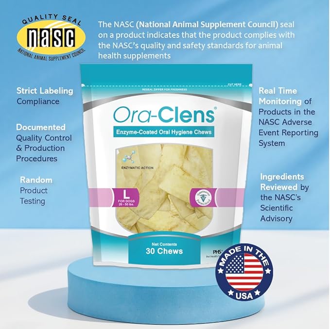 Oral Hygiene Chews for Large Dogs-Enzymatic Dental Treats for Daily Oral Care, Cleans Teeth and Freshens Breath, Reduces Plaque, Bacteria and Tartar Build Up Without Brushing-30 Chews