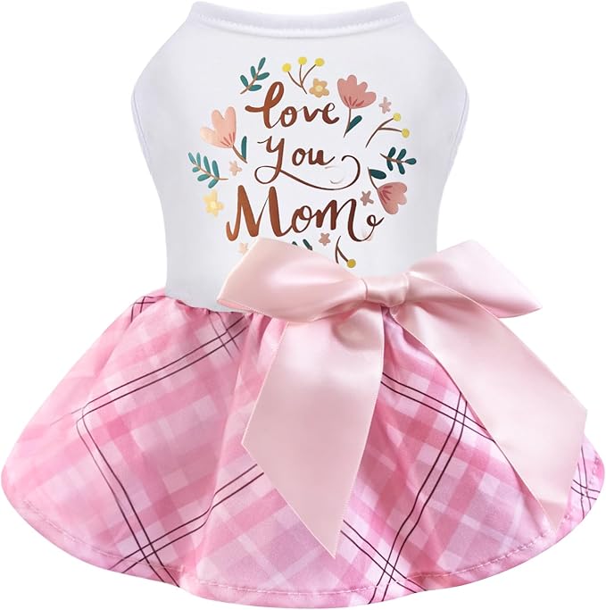 Idepet Dog Dress Love You Mom, Mother's Day Dog Dresses Puppy Skirt Pet Apparel Daisy Sleeveless Holiday Clothes for Small Dogs Girls and Cats, Pink Plaid,XS