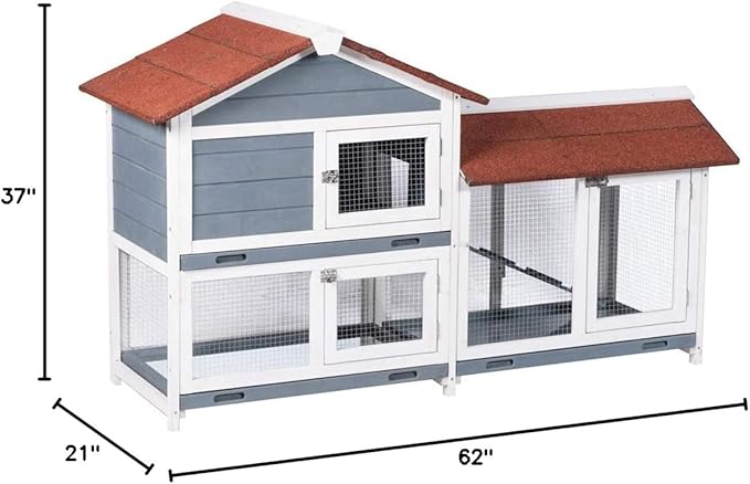 Good Life Two Floors 62" Wooden Outdoor Indoor Roof Waterproof Bunny Hutch Rabbit Cage Guinea Pig Coop PET House for Small to Medium Animals with Stairs and Cleaning Tray PET537