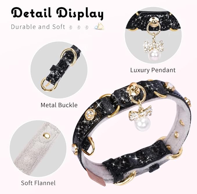 PetsHome Cat Collar, Dog Collar, [Bling Rhinestones] PU Leather Adjustable Pet Collar with Luxury Pendant for Cat and Small Dog Extra Small Black