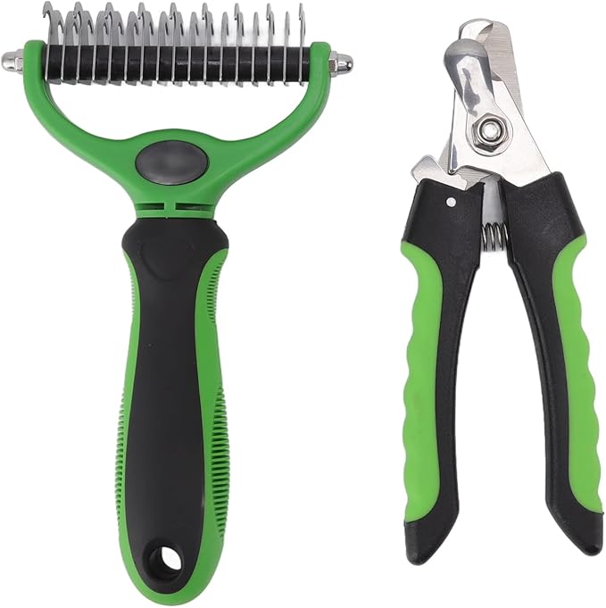 Undercoat Rake and Nail Clipper Grooming Kit, Double Sided Deshedding Brush for Dog Cat Rabbit, Ergonomic Handle, Stainless Steel Material, Safe Rounded Edges