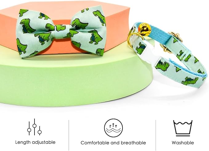 Sage Dinosaur Cat Collar Bow Tie with Bell, Breakaway Safety Cat Collar, Wedding/Birthday Cat Accessories