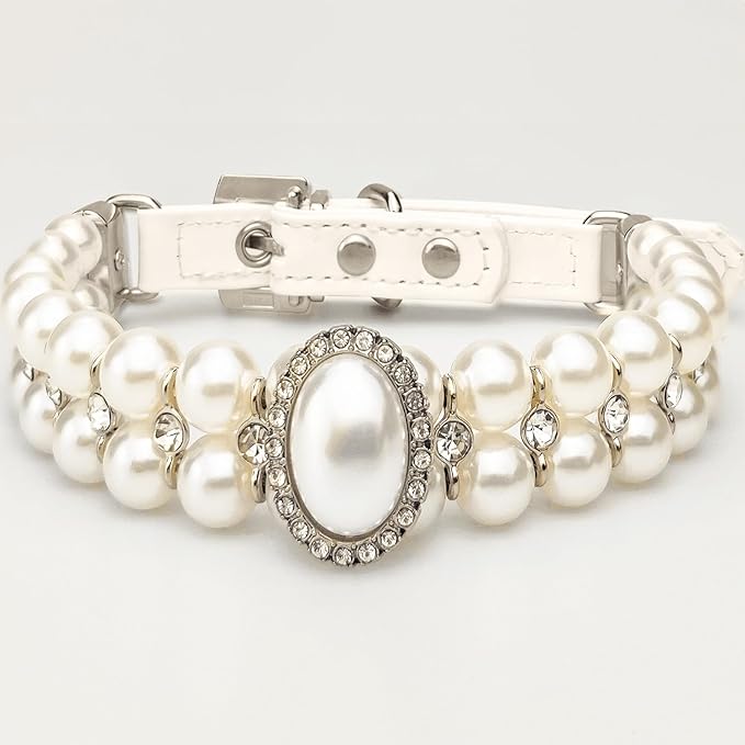 KUDES Small Dog Cat Big Pearl Collars with Crystal Rhinestone Diamond Décor, Adjustable Cute Fashion Pet PU Leather Necklace for Wedding Birthday Party (White, S(9''-11.5'') for Cats and Puppies)