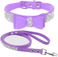 Cute Dazzling Sparkling Elegant Fancy Soft Suede Leather Bling Rhinestone Crystal Jeweled Pet Cat Dog Puppy Collar Dog Leash Combo Set (XS(Neck8-10), Purple-1)