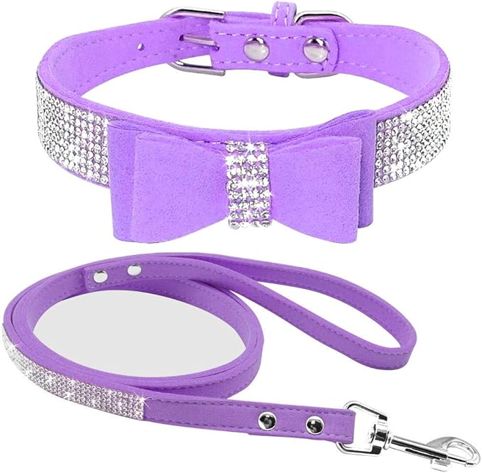 Cute Dazzling Sparkling Elegant Fancy Soft Suede Leather Bling Rhinestone Crystal Jeweled Pet Cat Dog Puppy Collar Dog Leash Combo Set (S, Purple-1)