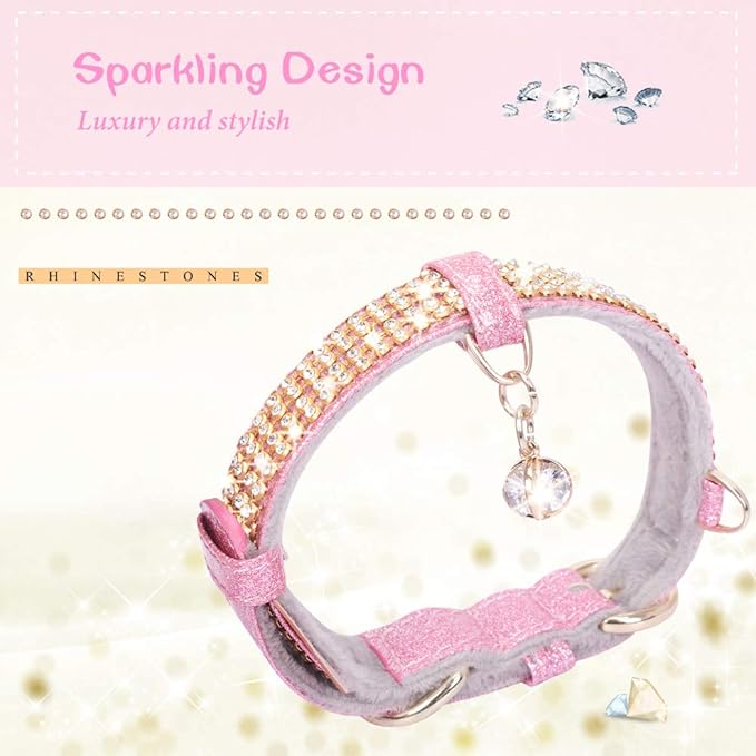 PetsHome Cat Collar, Dog Collar, [Bling Rhinestones] Premium PU Leather with Pendant Adjustable Collars for Big Cat and Small to Medium Dog Small Pink