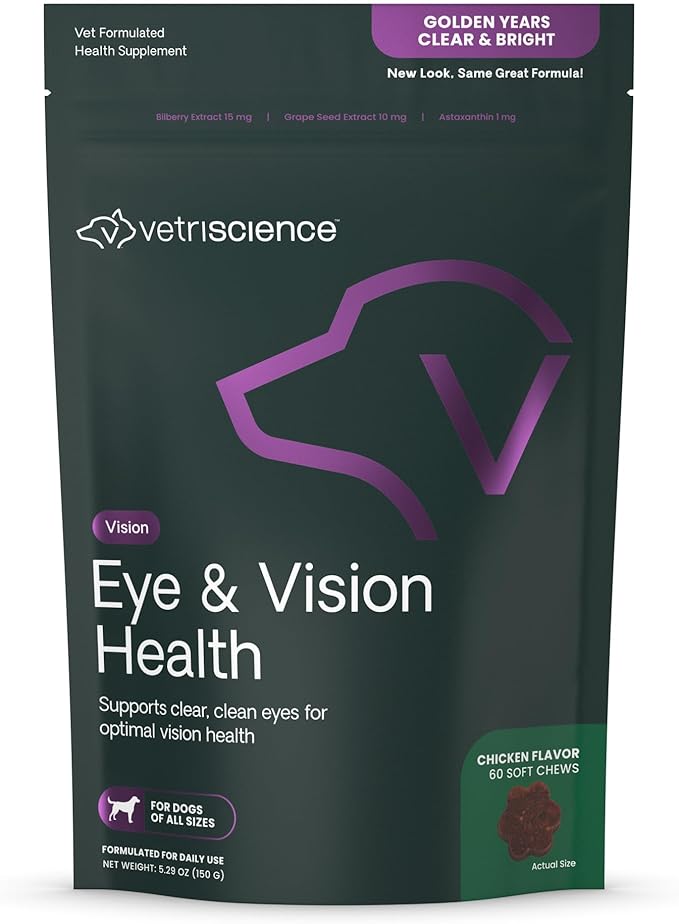 VetriScience Eye & Vision Health Chews for Dogs, Astaxanthin and Bilberry Extract, Eye Vitamins and Antioxidants, Prevent Tear Stains, Chicken, 60 Count