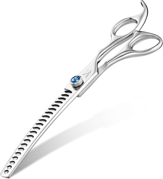 JASON 7" Curved Chunker - Ergonomic Dog Grooming Scissors - Silver - 440C Stainless Steel - Professional Dog Shears For Groomer (21-Teeth)
