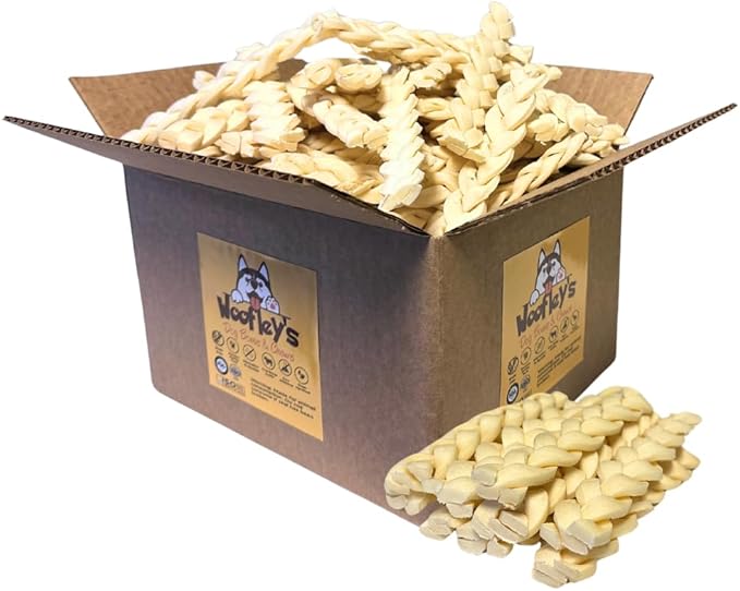 Woofley's 6" Buffalo Beef Cheek Braids Regular - (100 Count)- Beef Cheek Dog Chews - No Hide Bones for Dogs