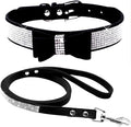 Cute Dazzling Sparkling Elegant Fancy Soft Suede Leather Bling Rhinestone Crystal Jeweled Pet Cat Dog Puppy Collar Dog Leash Combo Set (S(Neck 10-12.5"), Black-1)