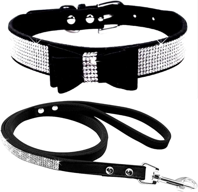 Cute Dazzling Sparkling Elegant Fancy Soft Suede Leather Bling Rhinestone Crystal Jeweled Pet Cat Dog Puppy Collar Dog Leash Combo Set (M, Black-1)