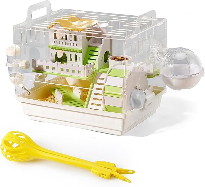 Loungewave Acrylic Hamster Cage, 2-Tier Gerbil Cage with Wooden Wheel, Small Dwarf Hamster Cage Habitat, Garden Mouse Cage for Pet Mice, Clear View Inside Easy to Clean, Green