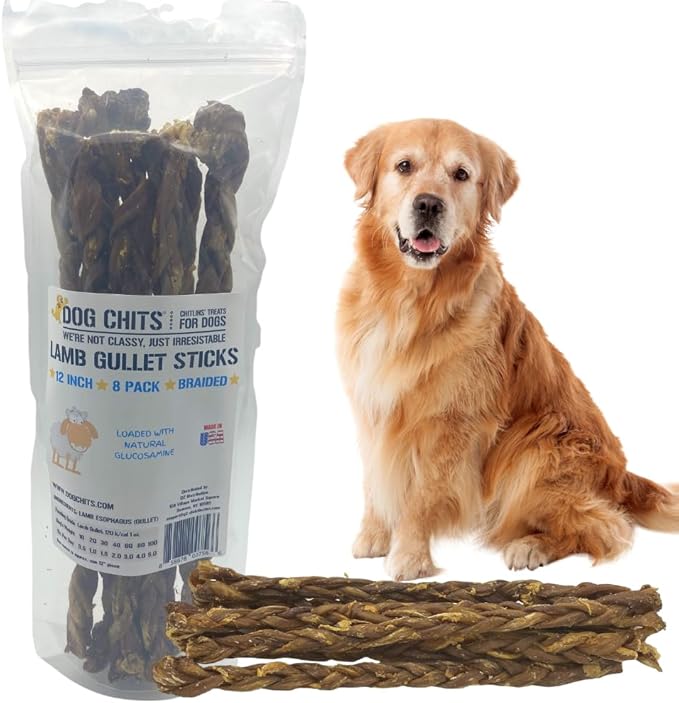 Dog Chits Lamb Esophagus Chews for Dogs & Puppies - Natural Single Ingredient - High Protein, Low Fat Lamb Dog Treats - Long Lasting, Easy to Digest - Great for Joint, Dental Clean Crunch - 12in, 8pk