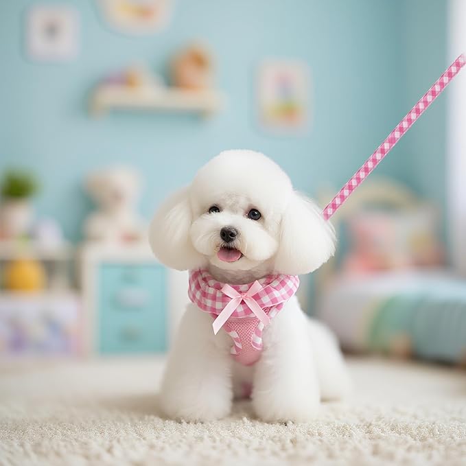 EXPAWLORER Cute Dog Harness Collar Leash Set - Pink Girl Dog Harness Checkered Step-in Design, Detachable Bow Pet Collar, Adjustable No-Choke Lightweight Mesh Vest for Small Medium Dogs, M
