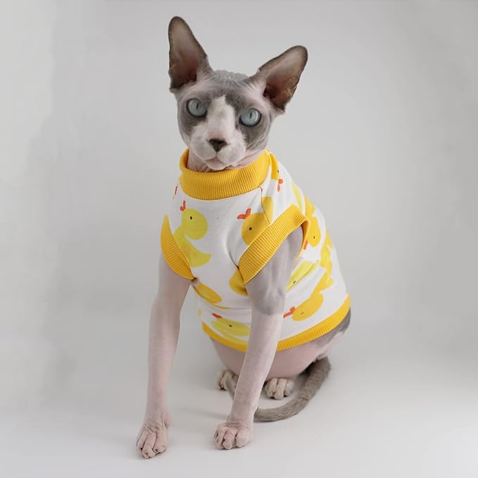 Sphynx Hairless Cat Summer Cotton T-Shirts Cat Vest Pet Clothes,Round Collar Vest Kitten Shirts Sleeveless, Cats & Small Dogs Apparel (Small, Yellow Ducks)