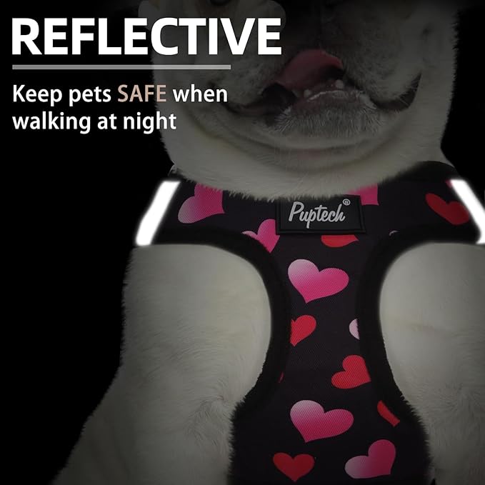PUPTECK Dog Harness and Leash Set for Small Medium Dogs No Pull Step-in Soft Mesh Puppy Cat Vest Valentine Harnesses Reflective at Night, Black&Pink Heart, S