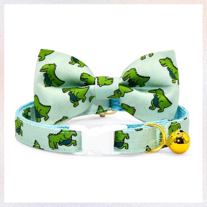 Sage Dinosaur Cat Collar Bow Tie with Bell, Breakaway Safety Cat Collar, Wedding/Birthday Cat Accessories