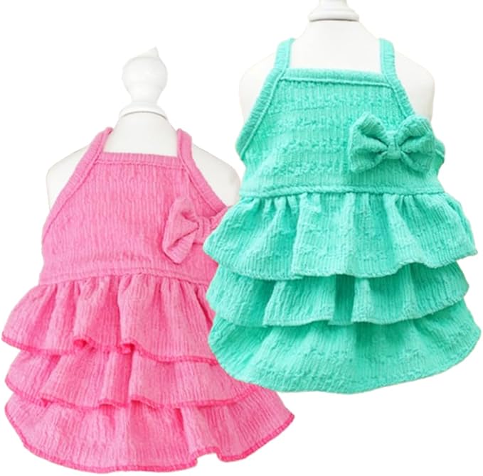 2 Pack Summer Dog Dresses with Bow Girl Puppy Clothes for Small Dog Spring Cat Outfit Sleeveless Pet Tiered Layered Cake Dress for Kitten Chihuahua Pomeranian Yorkie (Pink Blue, Small)