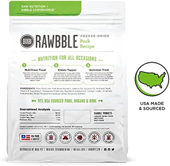 BIXBI Liberty Freeze-Dried Dog Food Topper & Treats, Pork – 97% Meat & Organs, No Refrigeration – USA Made, 26 oz