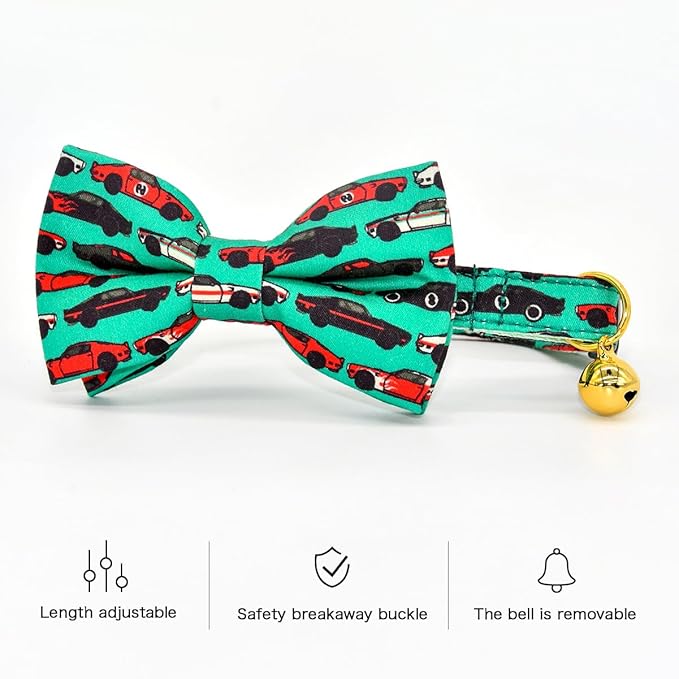 Cat Collar Bow Set, Green Muscle Classic Racing Car, Wedding/Birthday Breakaway Collar Bowtie for Kitten/Cat