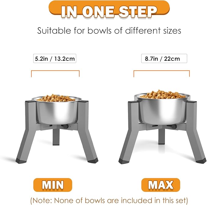 SHAINFUN Raised Dog Bowl Stand, Adjustable Width 5.2-8.66'', Eelevated Dog Food Water Bowls, 7.8'' Tall, Grey-Bowl Not Included