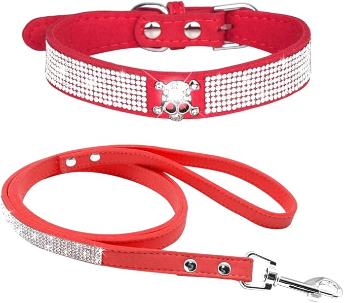 Cute Dazzling Sparkling Elegant Fancy Soft Suede Leather Bling Rhinestone Crystal Jeweled Pet Cat Dog Puppy Collar Dog Leash Combo Set (L(Neck 15-18"), Red-5)