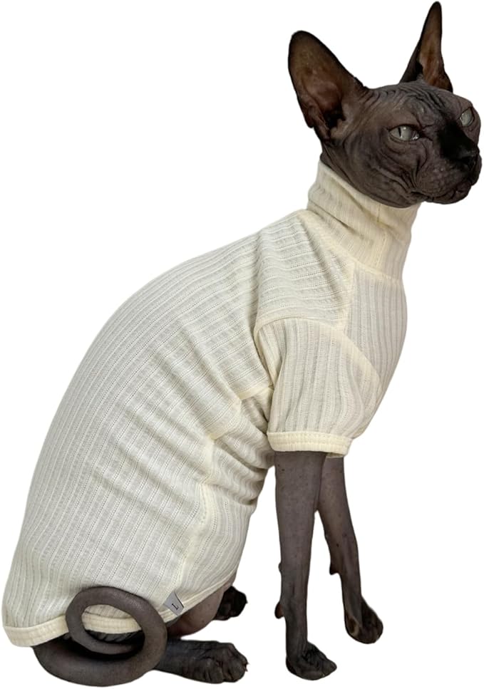 Sphynx Cats Shirt Cat Turtleneck Cotton Sweater Pullover Kitten T-Shirts with Sleeves Cat Pajamas Jumpsuit for Sphynx Cornish Rex, Devon Rex, Peterbald (White, Medium (Pack of 1))
