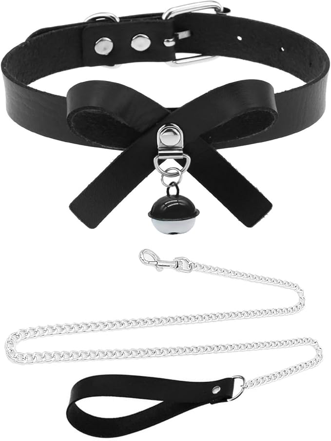 Black&White Bell Choker Collar and Leash Chain Set for Pet Dog Cute Cosplay Accessories,Butterfly Bow Leather Necklace with Buckle