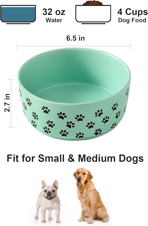 UBEE 6.5 inch Dog Bowls Set of 2, Ceramic Dog Food Water Bowl Dish with Paw Pattern, Pet Food Water Dishes Feeding for Small and Meidum Dogs and Large Cat, Green