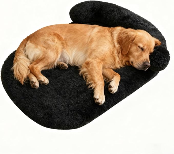 Calming Dog Beds for Medium Large Dogs, Orthopedic Cushion Plush Large Pet Bed Lounge with Washable Cover, Anti-Anxiety Soft Fluffy Faux Fur Fits up to 60 lbs Pets (Oval, Black 40"x30")