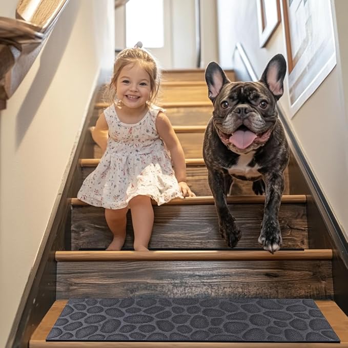 Aucuda 6pcs 8.5" x 30" Stair Treads Outdoor for Elders and Dogs on Wooden Steps, Non Slip Stair Runner Rug Heat Insulation Rubber Backing, Gray Stone Staircase Mat Carpet for Indoor Grip Farmhouse.