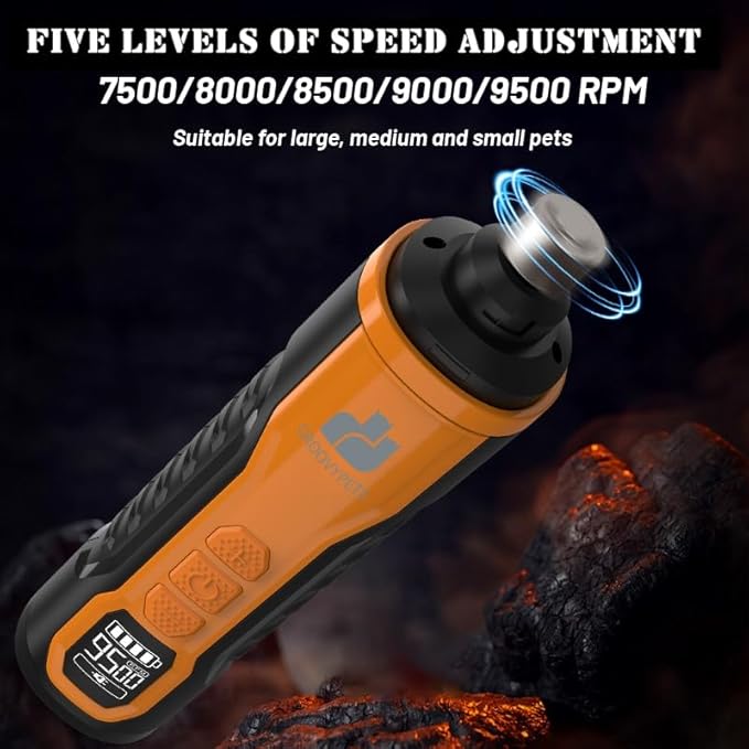 Electric Pet Nail Grinder with LCD Display, 6 Speed Levels, Dual LED Lights, Rechargeable, for Dogs, Cats, Small Animals, Orange