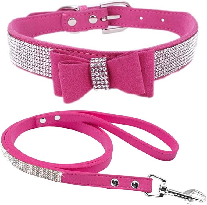 Cute Dazzling Sparkling Elegant Fancy Soft Suede Leather Bling Rhinestone Crystal Jeweled Pet Cat Dog Puppy Collar Dog Leash Combo Set (XS(Neck8-10), Hot Pink-1)