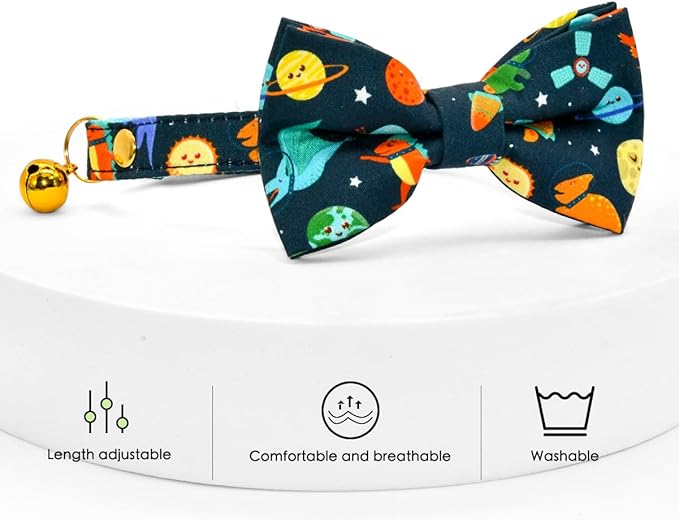 Space Dinosaur Cat Collar Bow Tie with Bell, Breakaway Safety Collar, Wedding/Birthday Cat Accessories