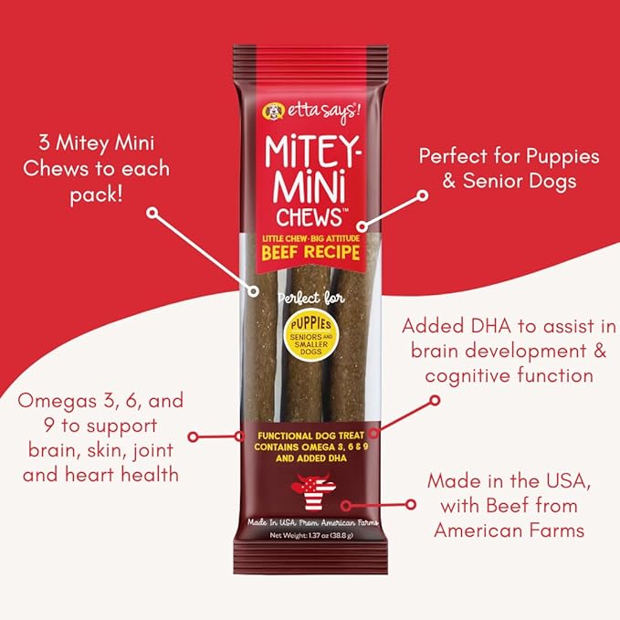 etta says! Mitey Mini Chews Dog Treats - Made in The USA - Grain-Free and Odor-Free - All-Natural Dog Chews - Perfect for Puppies and Senior Dogs - with Omega 3, 6, and 9 - Beef - 6 Pack - 18 Count