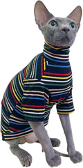 Turtle Neck Vintage Stripes Sphynx Hairless Cat Cotton T-Shirts Pet Clothes Vest Kitten Shirts Sleeveless, Cats & Small Dogs Apparel (Dark Rainbow, L (7-8.8 lbs))