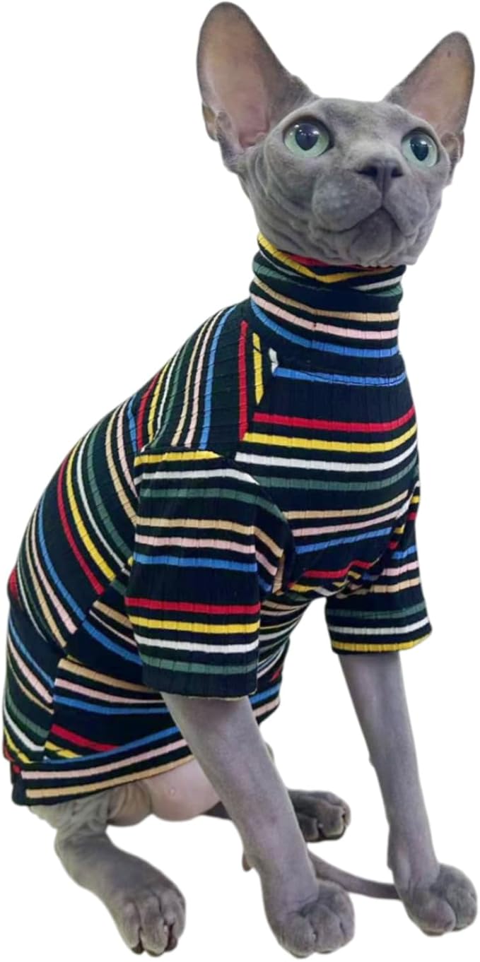 Turtle Neck Vintage Stripes Sphynx Hairless Cat Cotton T-Shirts Pet Clothes Vest Kitten Shirts Sleeveless, Cats & Small Dogs Apparel (Dark Rainbow, S (3.3-5 lbs))