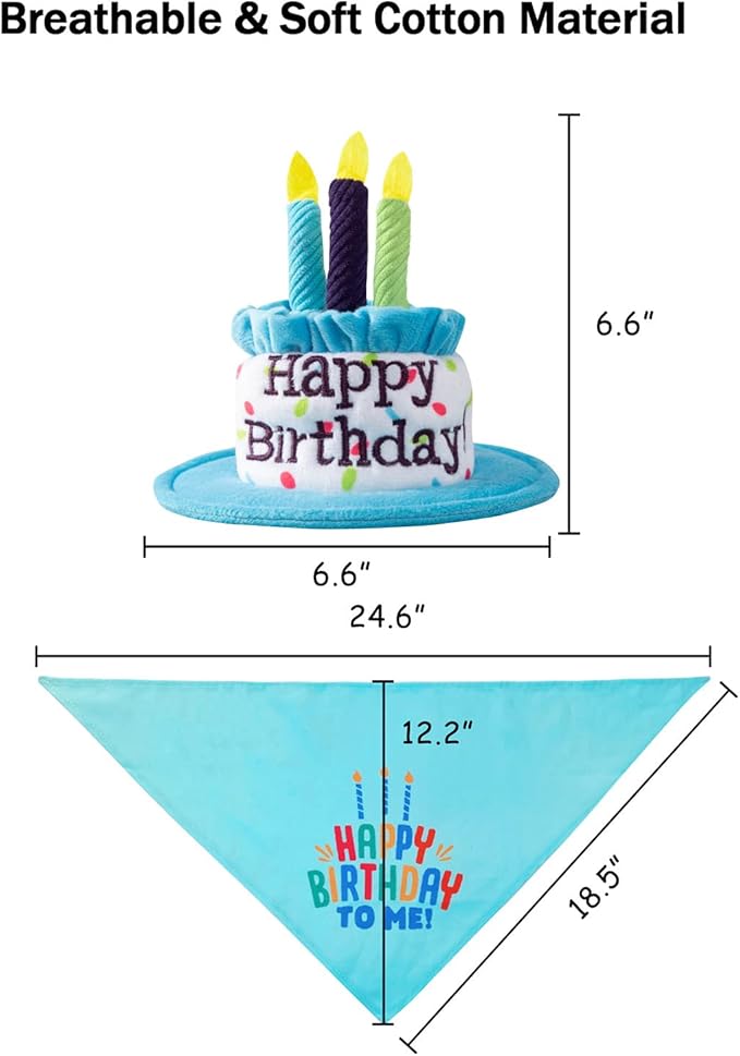 Medium Dog Birthday Cake Hat & Bandana Scarfs Set Blue, Handmade Dog Happy Birthday Hat with Colorful Candles, Medium Dog Birthday Party Supplies Decorations