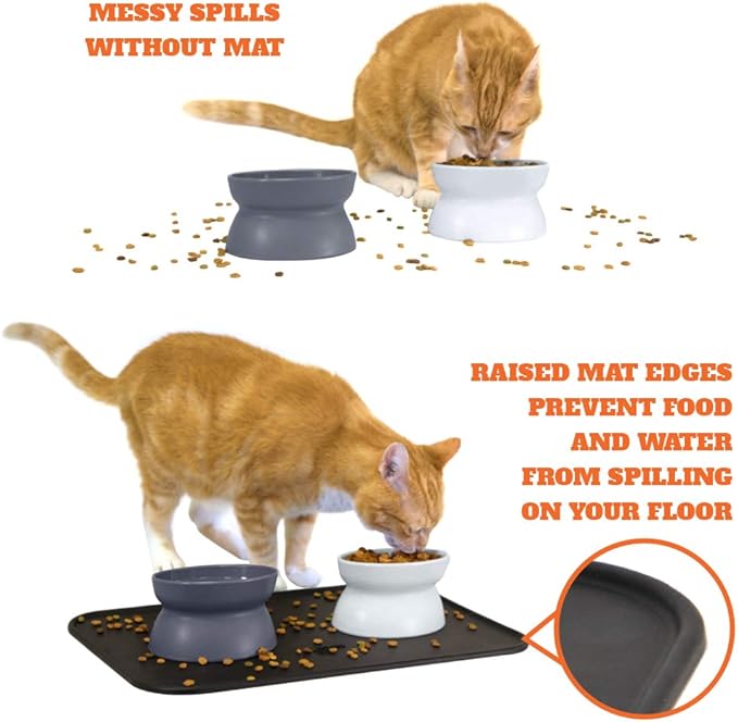 Kitty City Raised Cat Food Bowls and Mat Kit, Each Holds 6.5 Ounces- Pet Bowl for Dogs Cats and Pets, Model Number: CM-0297-CS01