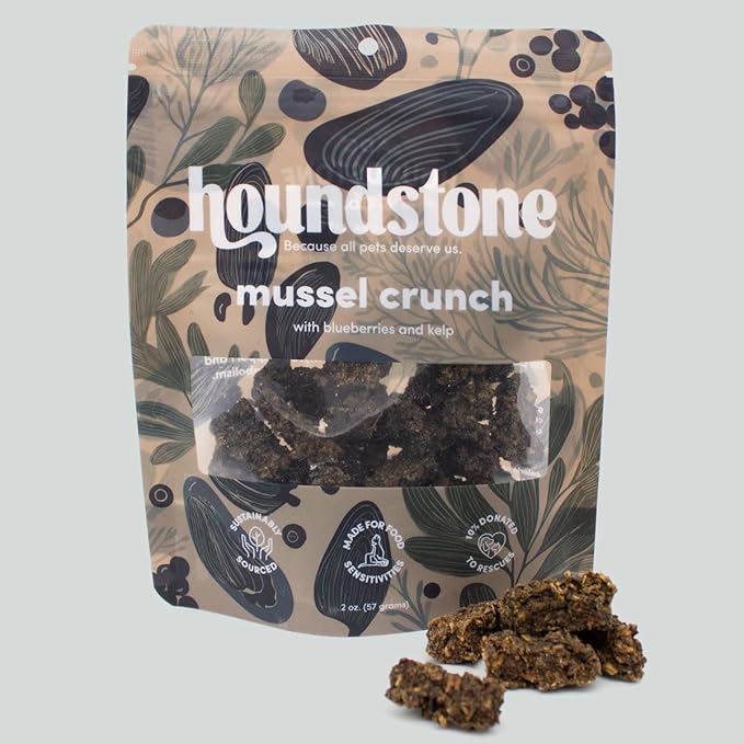Houndstone Dog Treats, Mussel Crunch, Dehydrated, Limited Ingredient, 2 oz, Sea Mussel, Blueberry & Kelp Formula, High Protein
