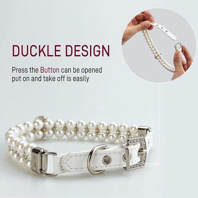 KUDES Small Dog Cat Big Pearl Collars with Crystal Rhinestone Diamond Décor, Adjustable Cute Fashion Pet PU Leather Necklace for Wedding Birthday Party (White, L(12"-14.5") for Small Dogs)