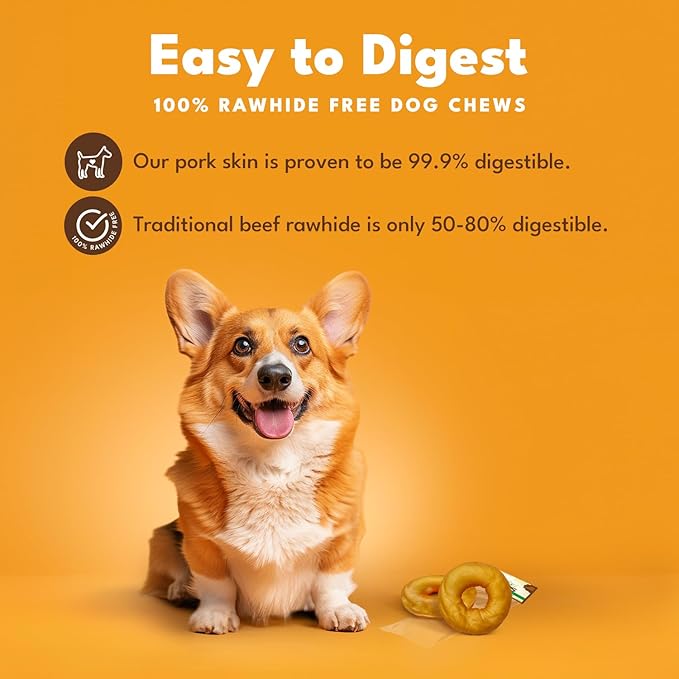 Pork Chomps Roasted Pork Skin Dog Chews, 3 Inch Donuts, Real Chicken, 2 Count, Pack of 2 - Long-Lasting Treats for Dogs - High Protein, Rawhide-Free, Low Fat, Healthy & Delicious Chews
