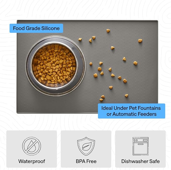GORILLA GRIP 100% Waterproof Raised Edge BPA Free Silicone Pet Feeding Mat, Dog Cat Food Mats Contain Spills Protects Floors, Placemats for Cats and Dogs Water Bowl, Pets Accessories 23x15 Gray